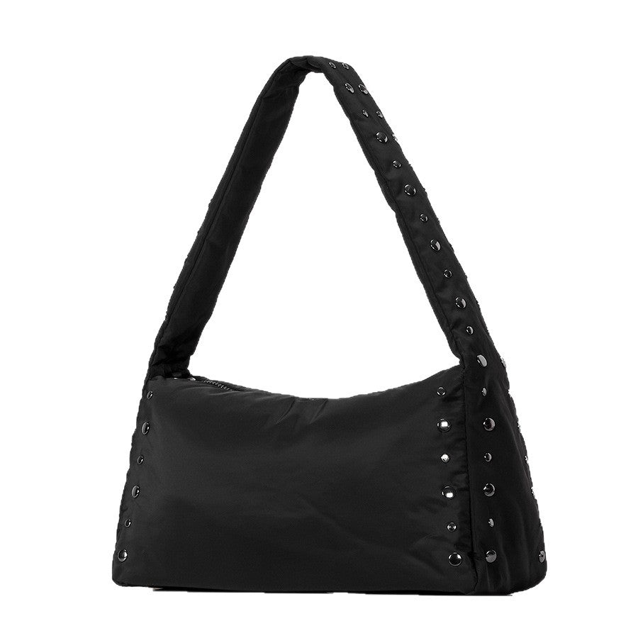 Black Studded Puffer Shoulder Bag with Zipper Closure - SCULPTA