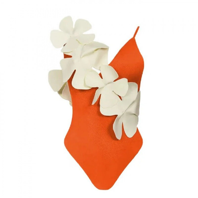 floral appliqué one-shoulder swimsuit with midi skirt set – ORANGE