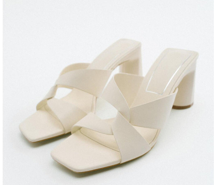 Ivory Crisscross Block Heel Sandals – ÉLANORA