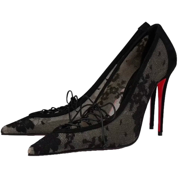 lace mesh pointed-toe heels with tie detail – NOIRITVU