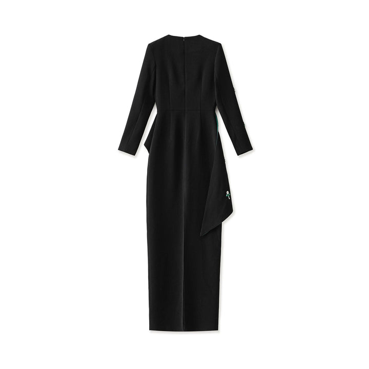 asymmetrical embroidered gown with emerald satin detail – NOIR
