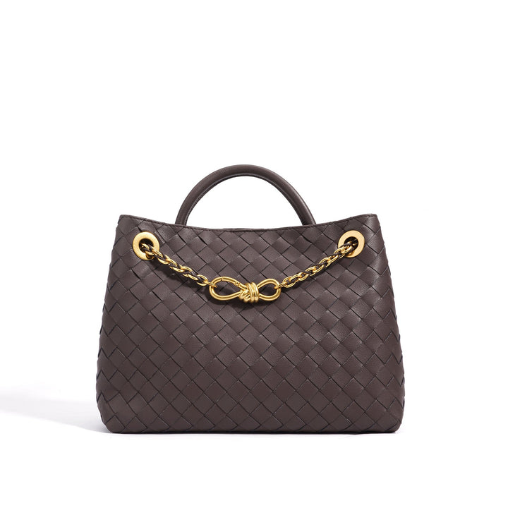 woven leather tote with gold chain detail – LYTRA