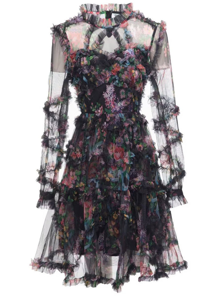 floral ruffle mini dress with sheer long sleeves – WHISPER