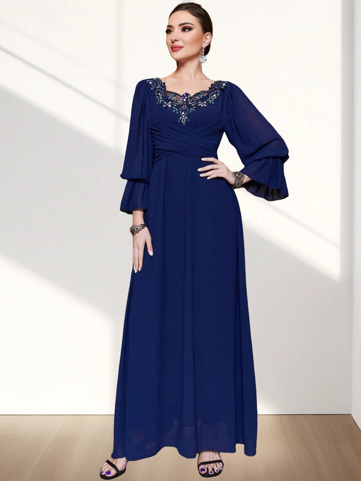 long sleeve A-line dress with embroidered neckline - AMANZIA