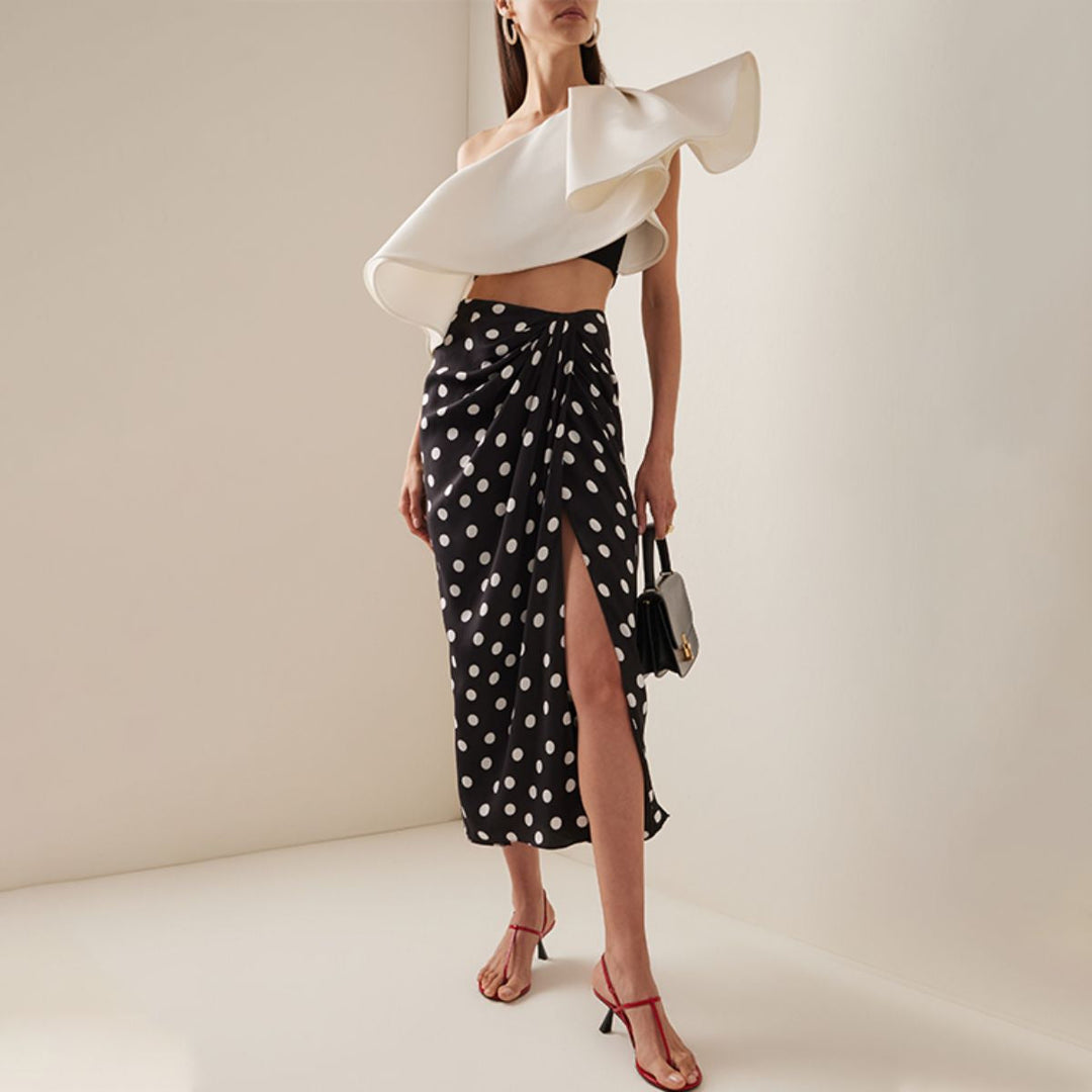 off-shoulder contrast swimsuit with polka dot wrap skirt – POLKA