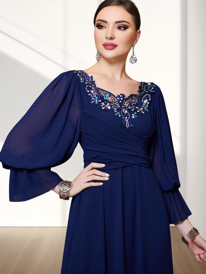 long sleeve A-line dress with embroidered neckline - AMANZIA