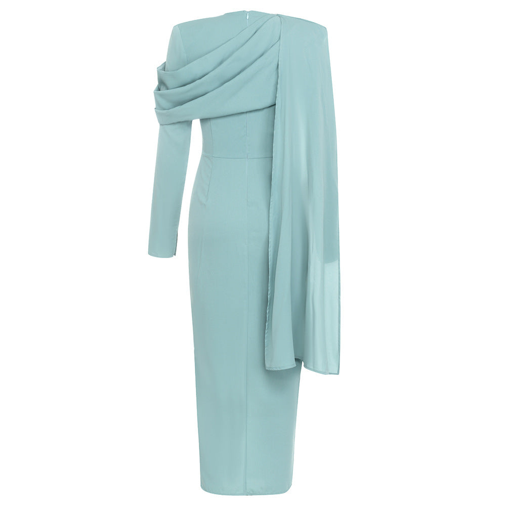 Asymmetric button-front midi dress with long sleeves – SEREN