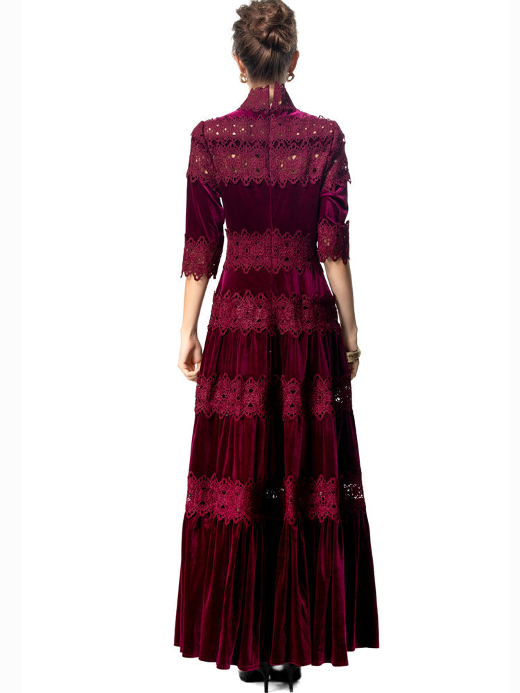 velvet maxi dress with lace panels and high neck – ODD- RUBINA