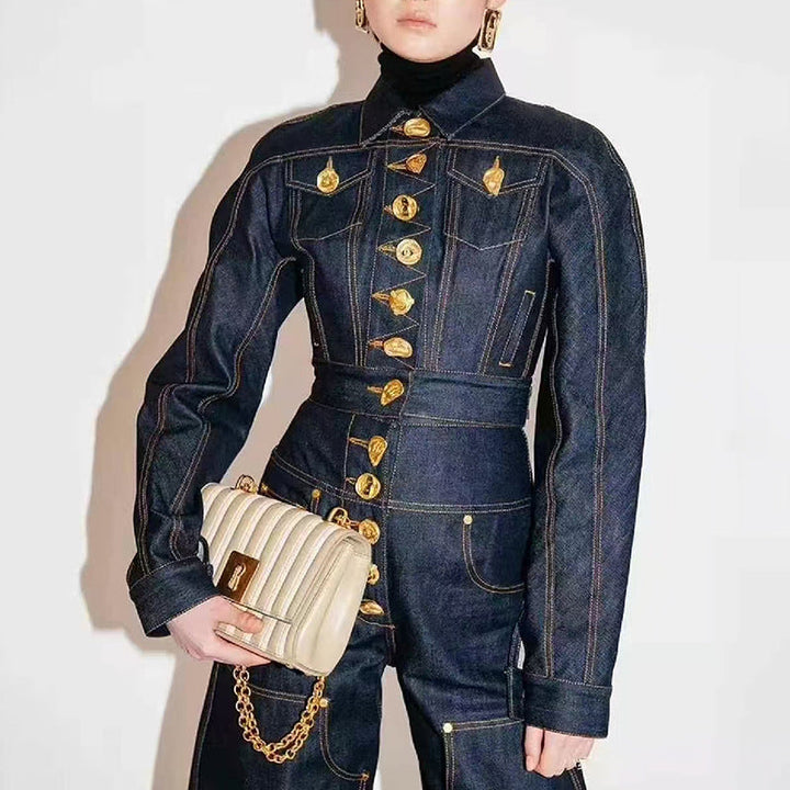 structured denim jacket with gold button detailing – AURELIA