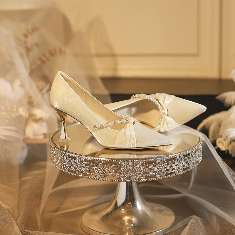 Ivory Pearl Bow Pointed Heels – LUNÉLIA