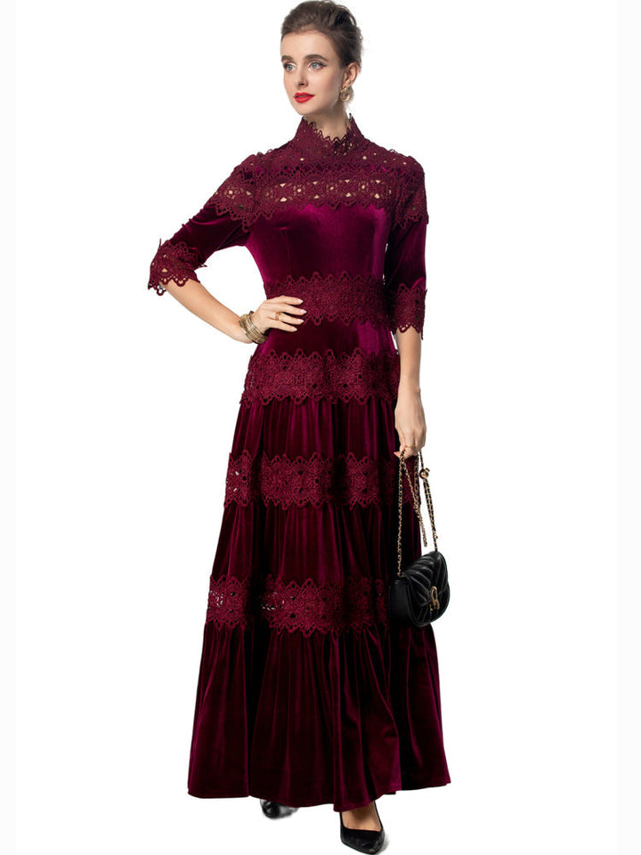 velvet maxi dress with lace panels and high neck – ODD- RUBINA