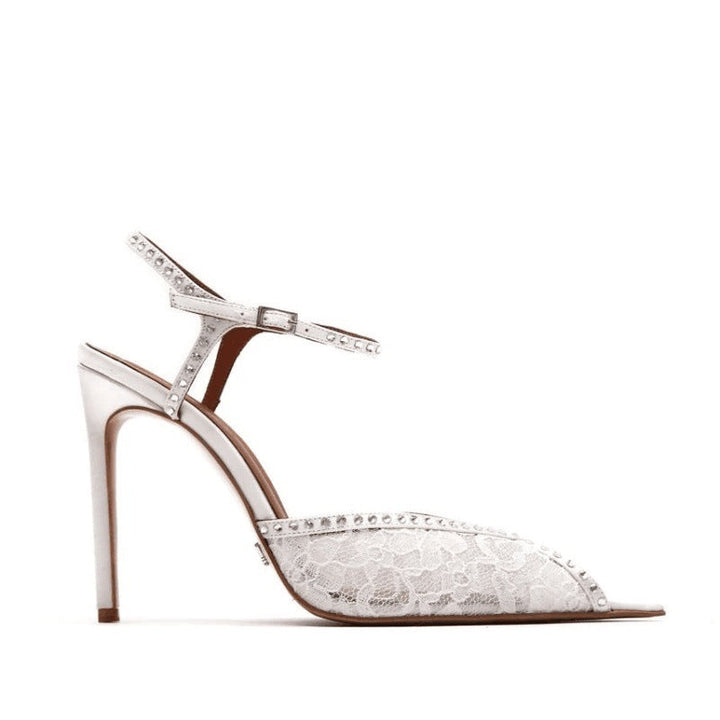 White Lace Crystal Slingback Heels – Bridal