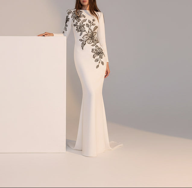 Long-Sleeve Column Dress with Floral Embroidery – ELIORA
