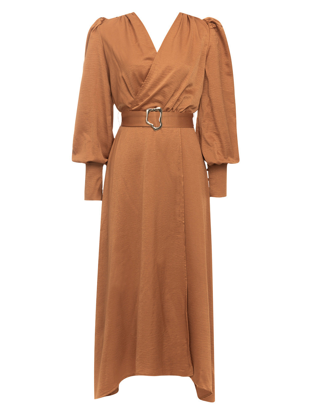 Wrap-style long-sleeve midi dress with waist belt – AURELIA