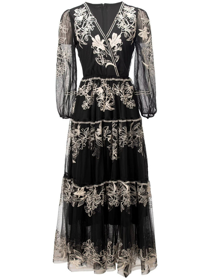 Embroidered tulle midi dress with sheer sleeves – FLORA