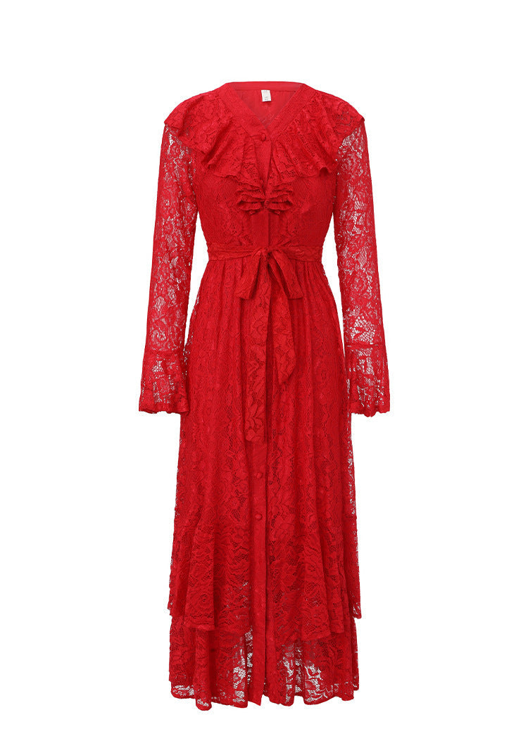 lace midi dress with ruffle neckline and waist tie – RUBY