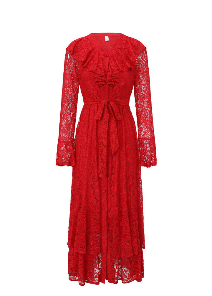 lace midi dress with ruffle neckline and waist tie – RUBY