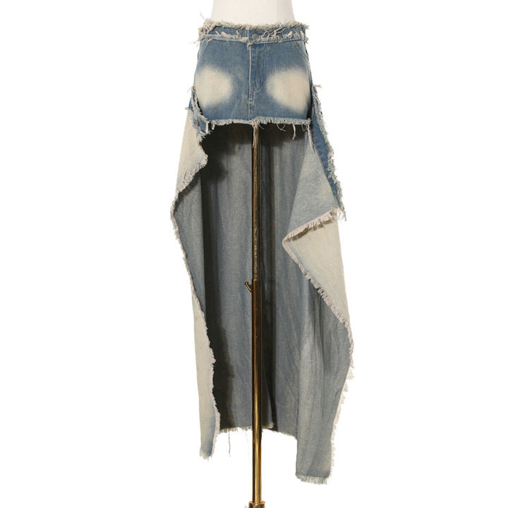 distressed denim maxi skirt with raw slit - Balthah