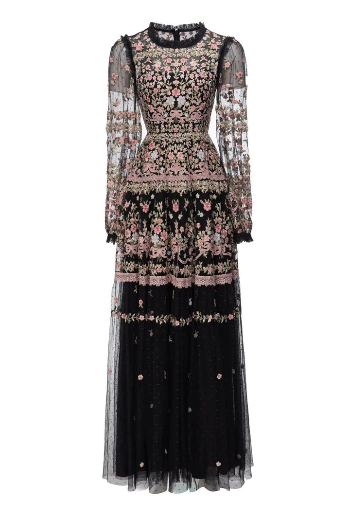 sheer embroidered tulle gown with floral motifs – Fikwesd