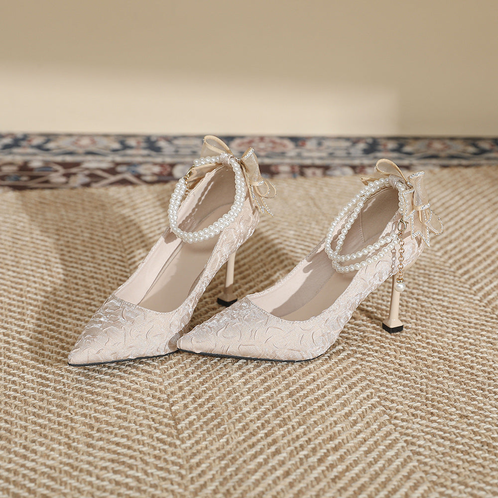 Pearl Bow Pointed Heels - Elegant