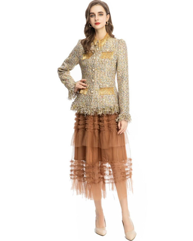 textured tweed suit with tulle midi skirt - AMIQTA