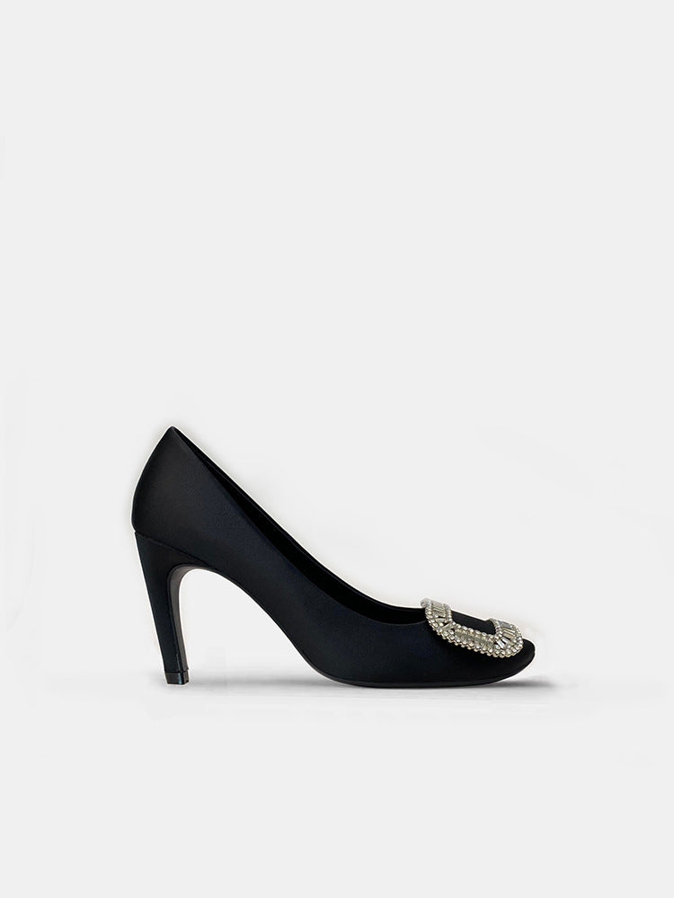 Ruby Satin Crystal Buckle Heels – ROSÉLUNE