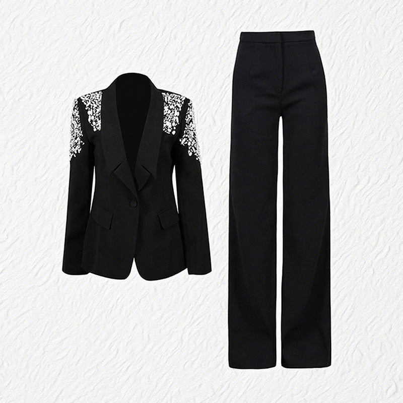 embellished shoulder tailored blazer and flared pants set – ELIANA