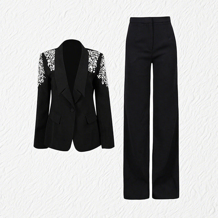 embellished shoulder tailored blazer and flared pants set – ELIANA