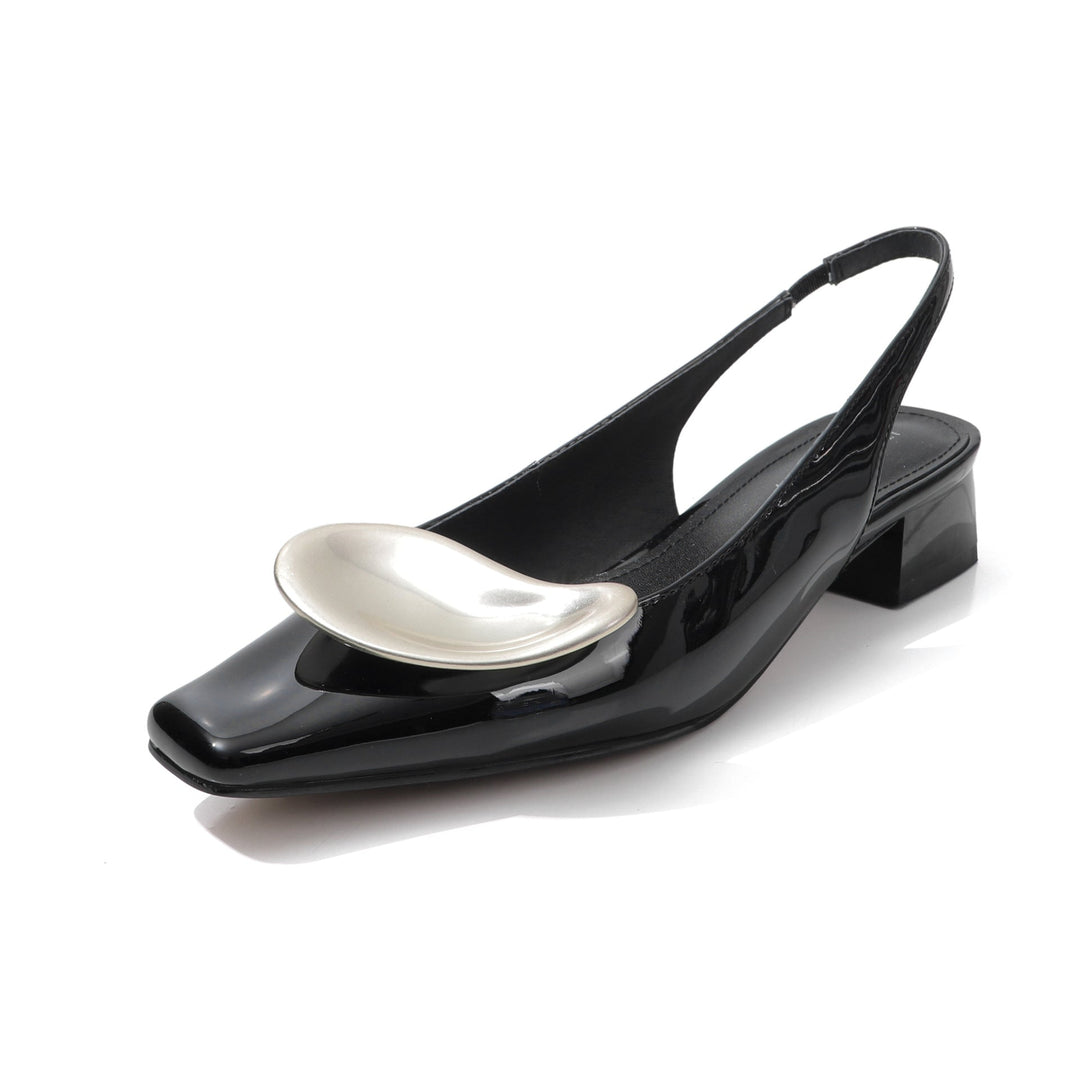 square-toe slingback heels with sculpted silver accent – LUMINA