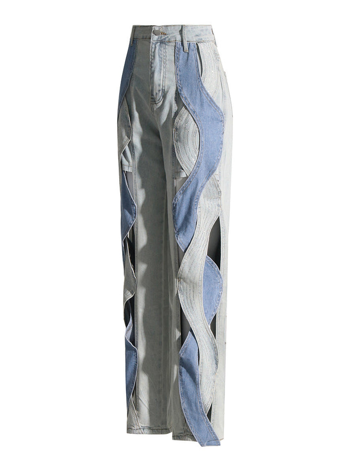 patchwork cut-out straight-leg jeans with layered wave panels – RHYTHM
