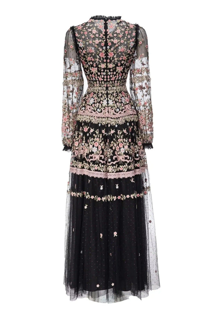 sheer embroidered tulle gown with floral motifs – Fikwesd