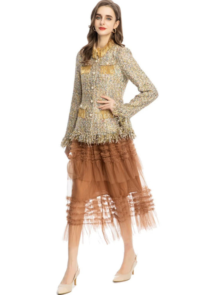 textured tweed suit with tulle midi skirt - AMIQTA