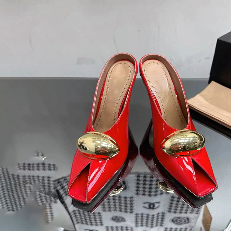black leather mules with gold oval detail - LOMA