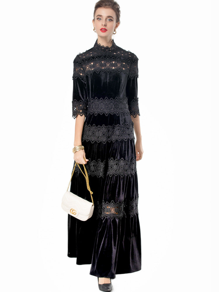 velvet maxi dress with lace panels and high neck – ODD- RUBINA