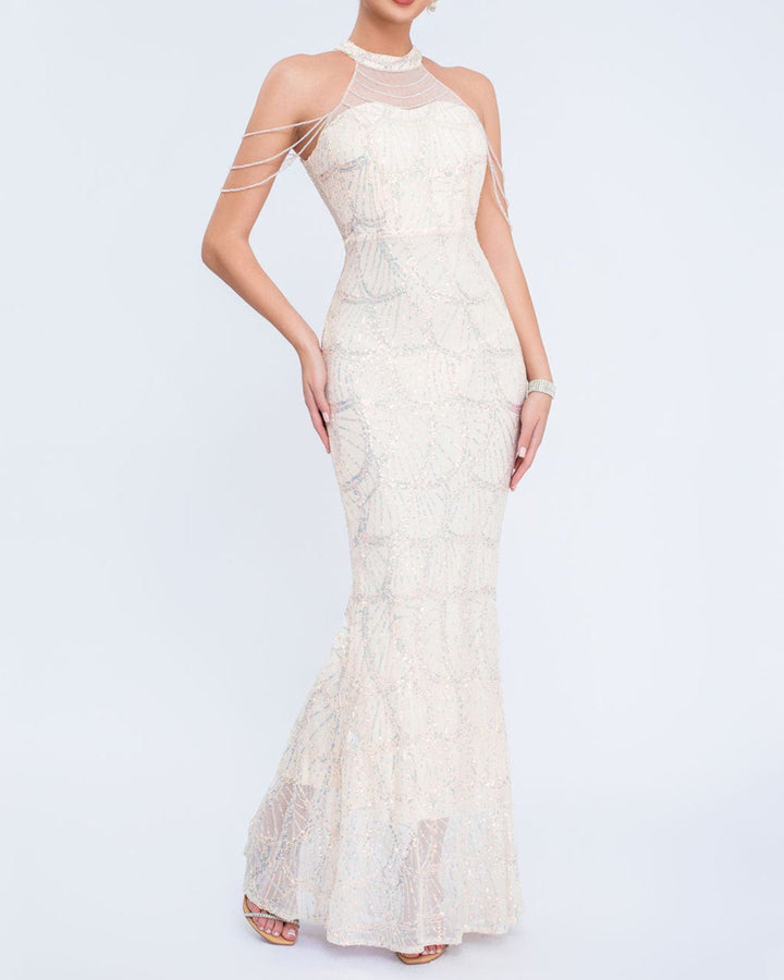 halter sequin mermaid gown with draped shoulder chains – AURORIAN