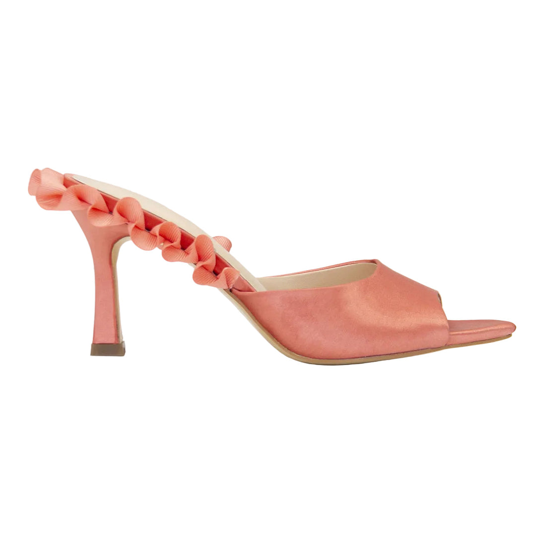 satin open-toe mule with ruffled strap detail – CORAL