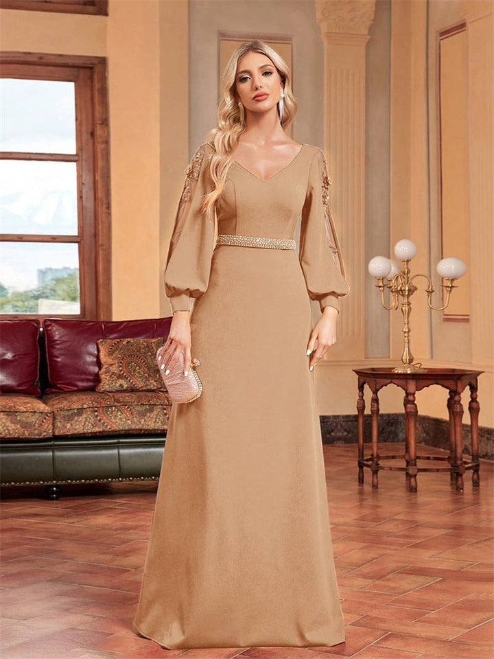chiffon-sleeve evening gown with beaded waist – ODD- MIDNIGHT POISE
