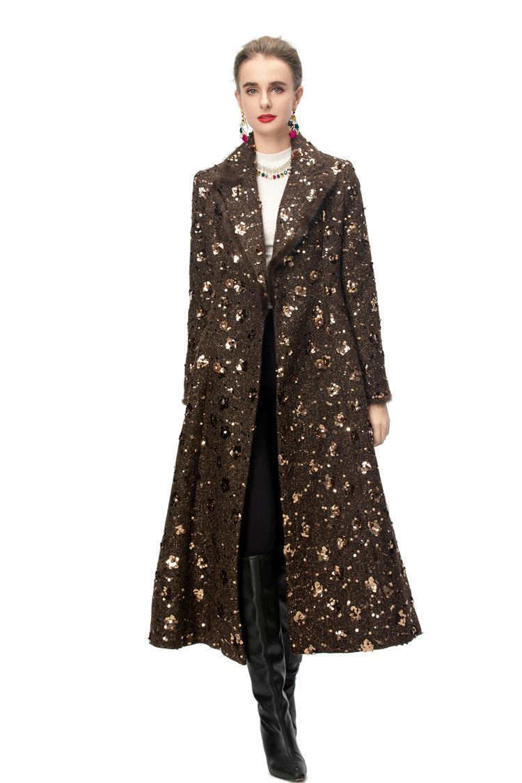 double breasted tweed long coat with metallic detailing – BRONZIA
