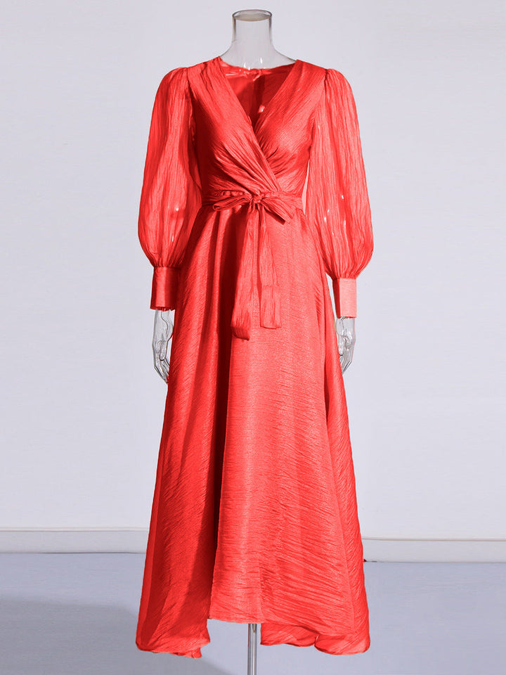 long sleeve wrap satin maxi dress with waist tie – RUBY