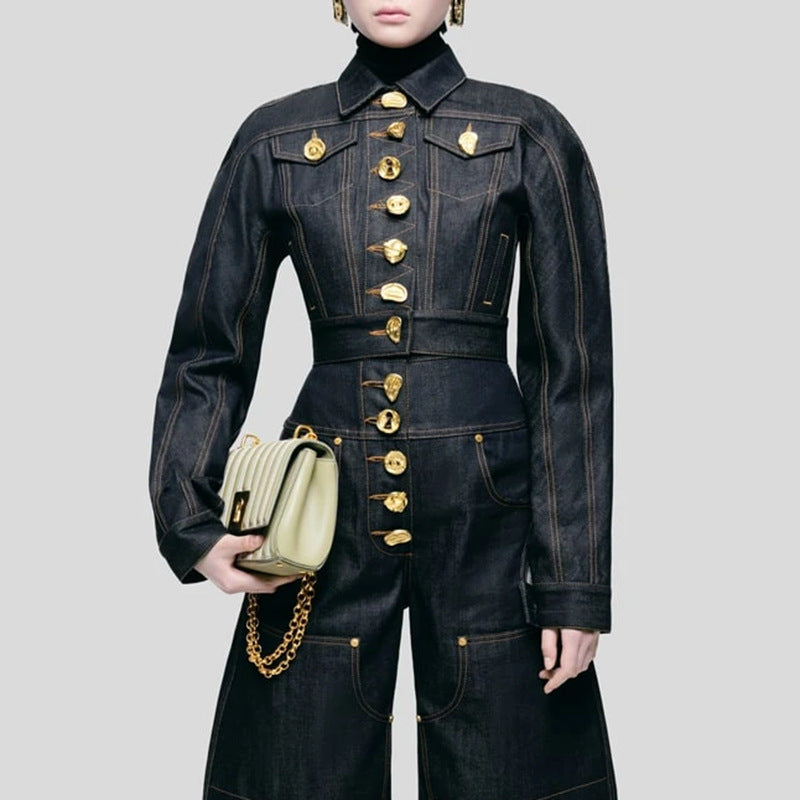 structured denim jacket with gold button detailing – AURELIA