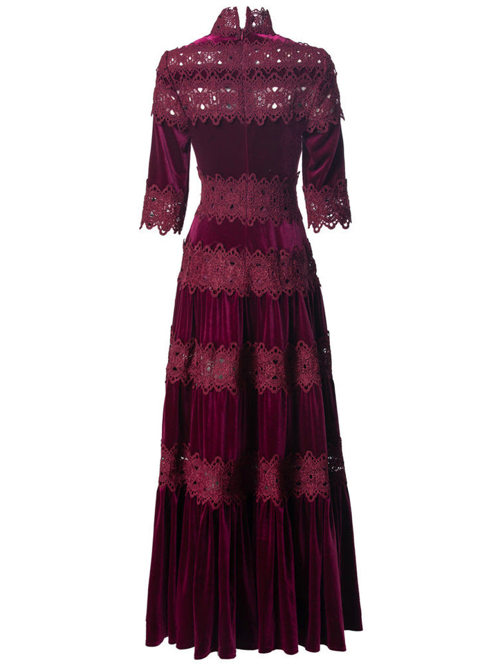 velvet maxi dress with lace panels and high neck – ODD- RUBINA