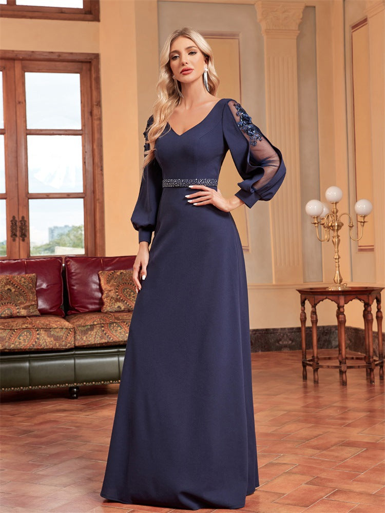 chiffon-sleeve evening gown with beaded waist – ODD- MIDNIGHT POISE