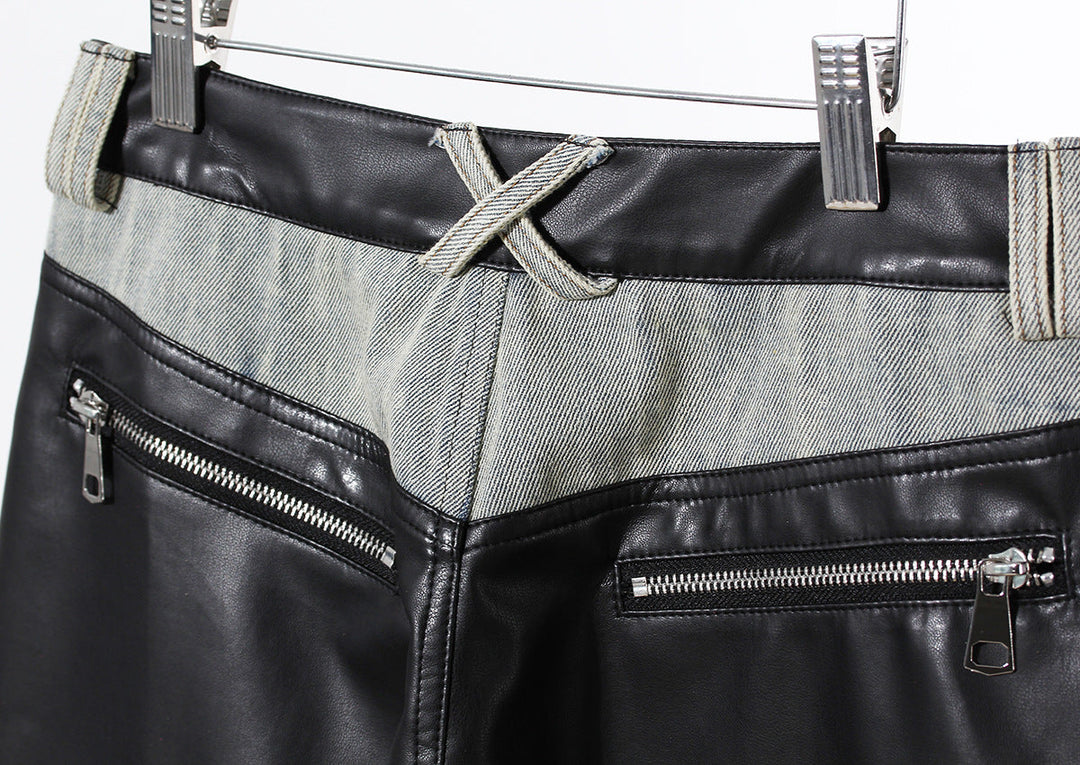 two-tone wide-leg denim pants with faux leather panels – NOIR