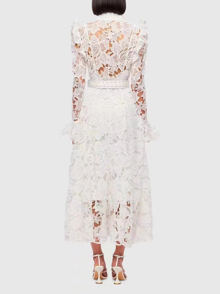 ODD- long-sleeve lace midi dress with belt – Tesoro