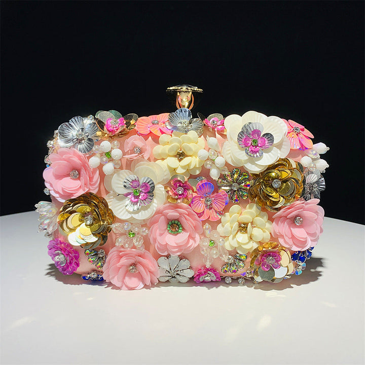 Floral Embellished Box Clutch with Gold Accents - Hilu