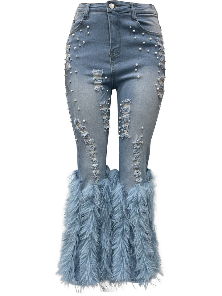 Pearl Distressed Feather Hem Jeans - Luxe