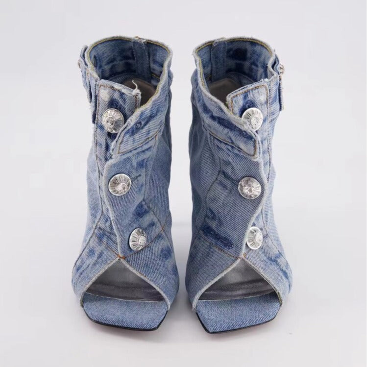 Denim Peep-Toe Button Ankle Boots – BLUE