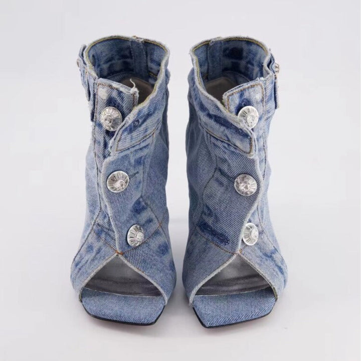 Denim Peep-Toe Button Ankle Boots – BLUE