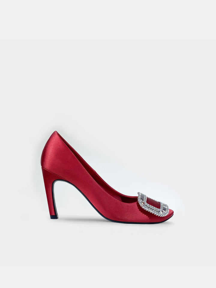 Ruby Satin Crystal Buckle Heels – ROSÉLUNE