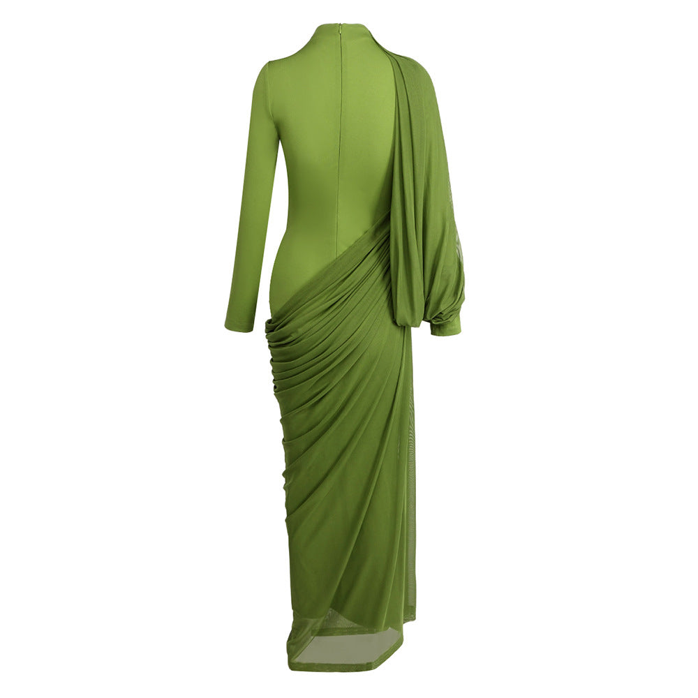 Olive Green Draped Asymmetric Midi Dress - VERDÉA